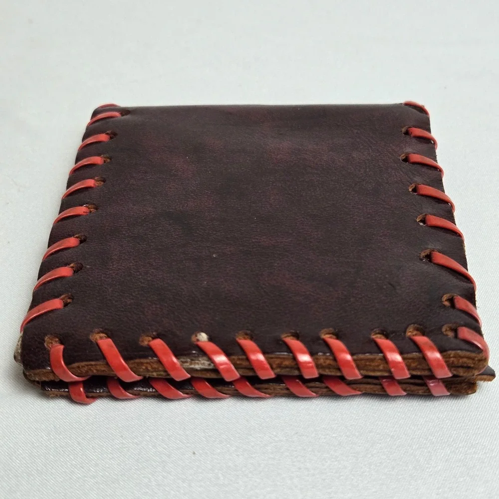 Handmade Bifold Leather Wallet Burgundy Red Contrast Stitching‎ Rustic Primitive